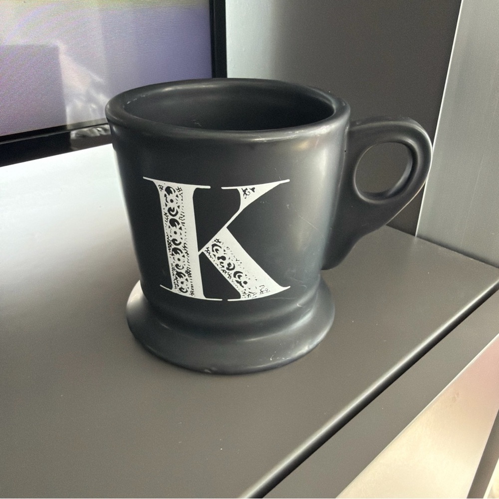 Anthropologie Matte Black Ceramic Mug with White 'K' Monogram